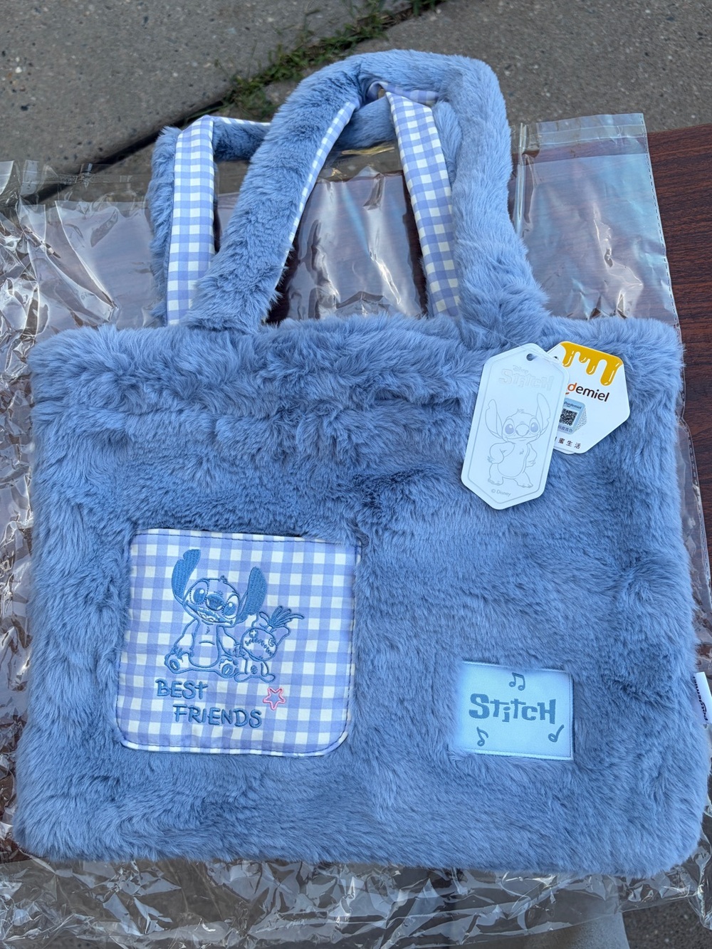 Disney Stitch Potdemiel Plush Faux Fur Tote Bag Best Friends Blue Gingham NWT